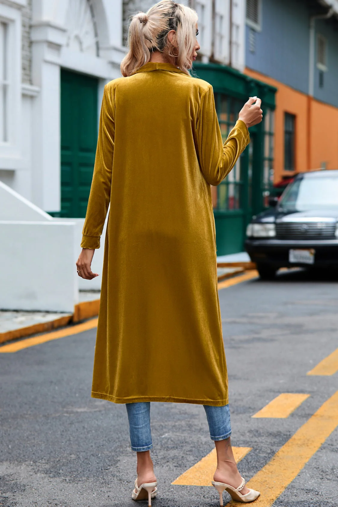 Velvet Open Front Long Cardigan with Pockets - Image 4