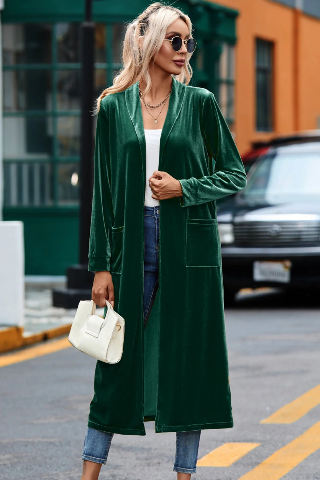 Velvet Open Front Long Cardigan with Pockets - Image 5