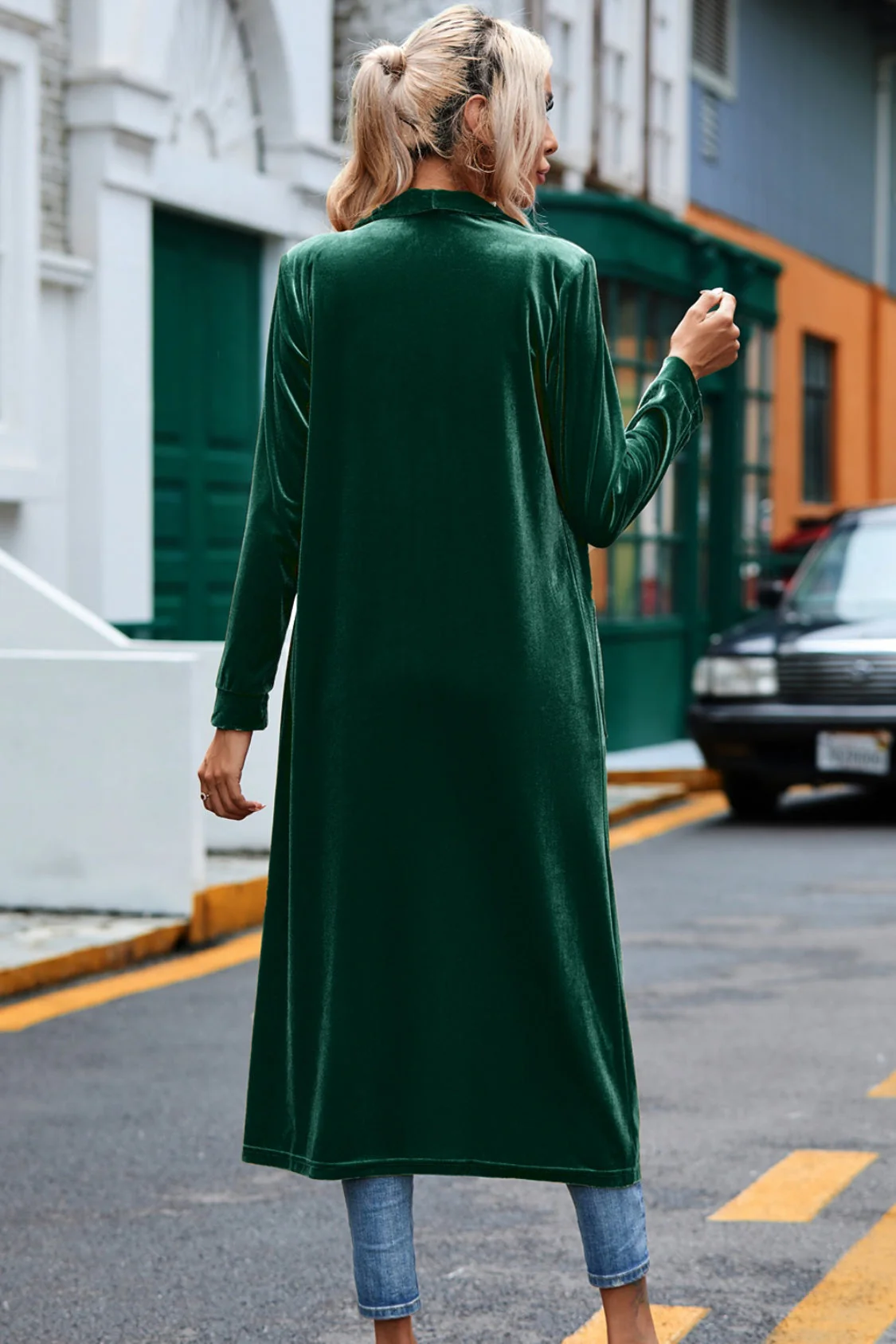 Velvet Open Front Long Cardigan with Pockets - Image 6
