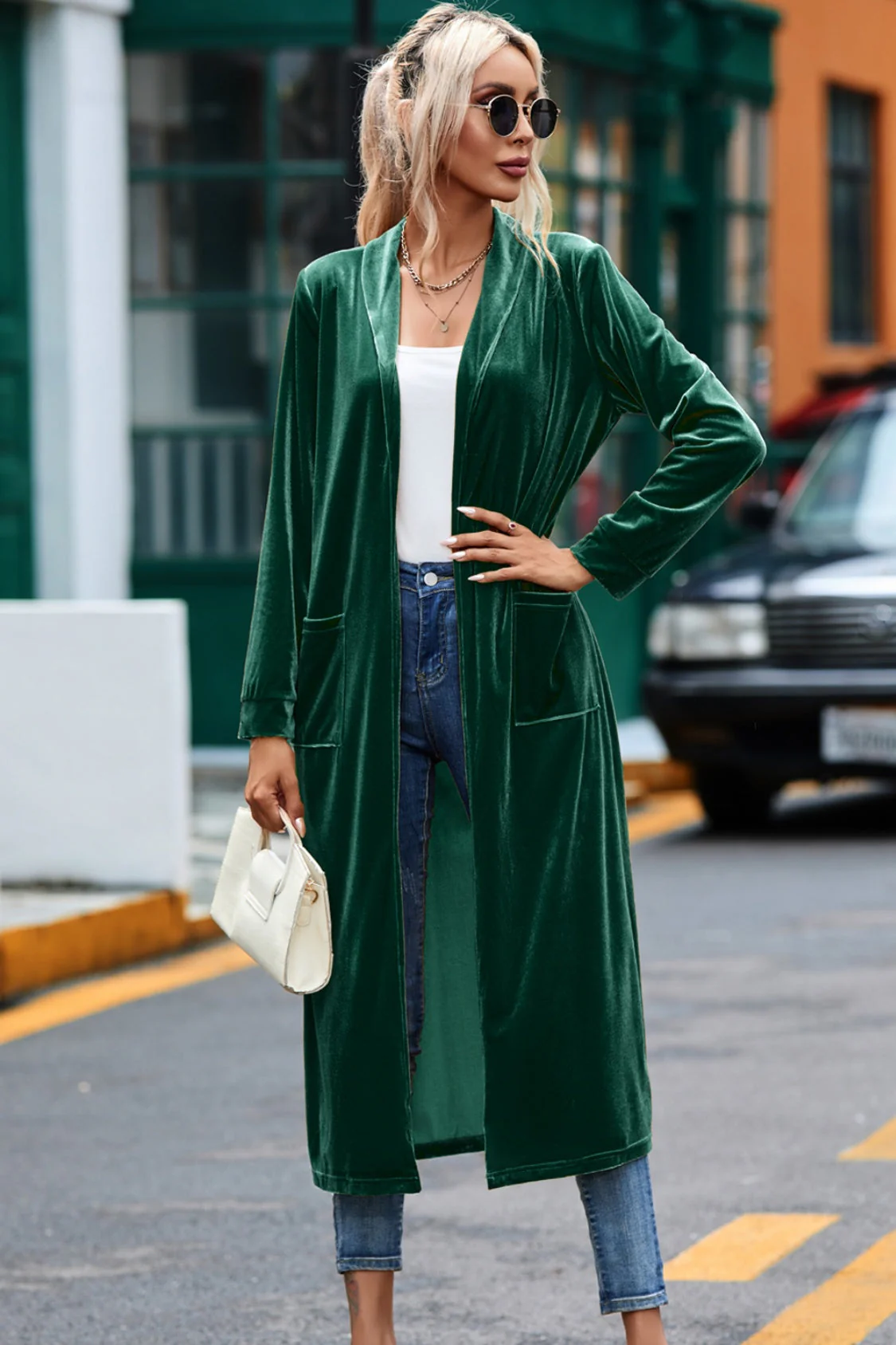 Velvet Open Front Long Cardigan with Pockets - Image 7