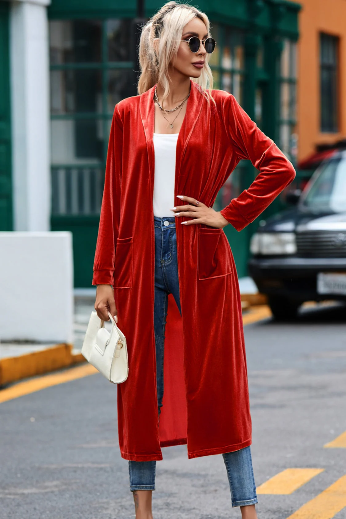 Velvet Open Front Long Cardigan with Pockets - Image 8