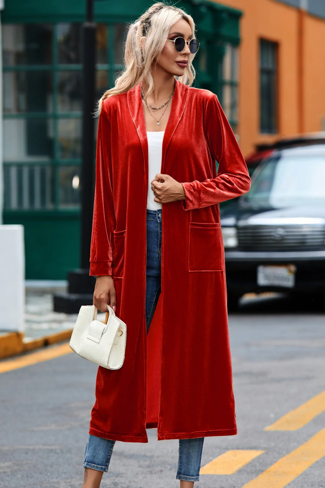 Velvet Open Front Long Cardigan with Pockets - Image 9
