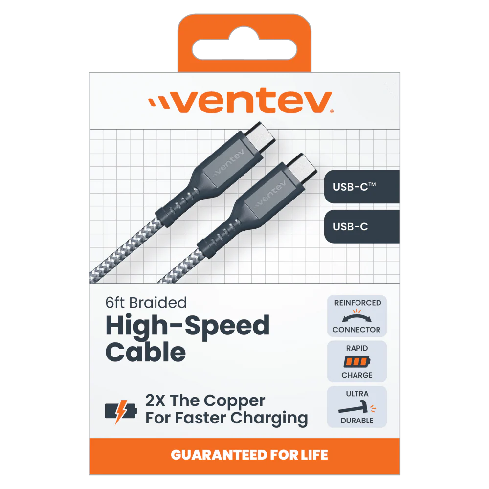 Ventev High Speed USB C to USB C Braided Cable with 2x the Copper for Faster Charging 6ft Gray by Ventev - Image 2