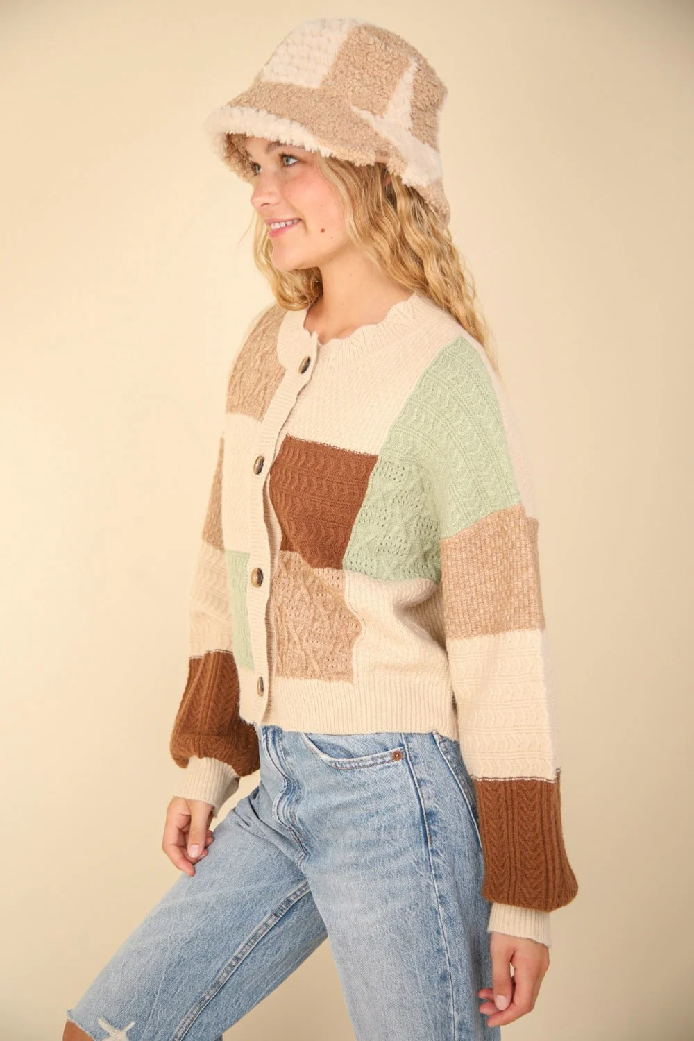 VERY J Color Block Button Down Textured Sweater Cardigan - Image 3