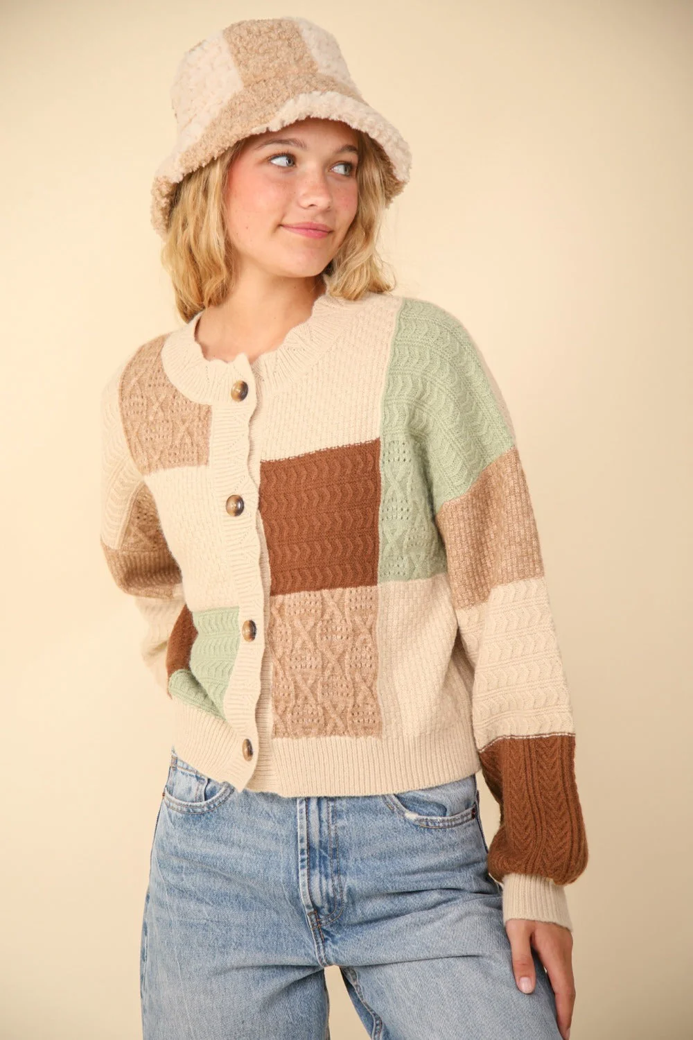 VERY J Color Block Button Down Textured Sweater Cardigan - Image 4