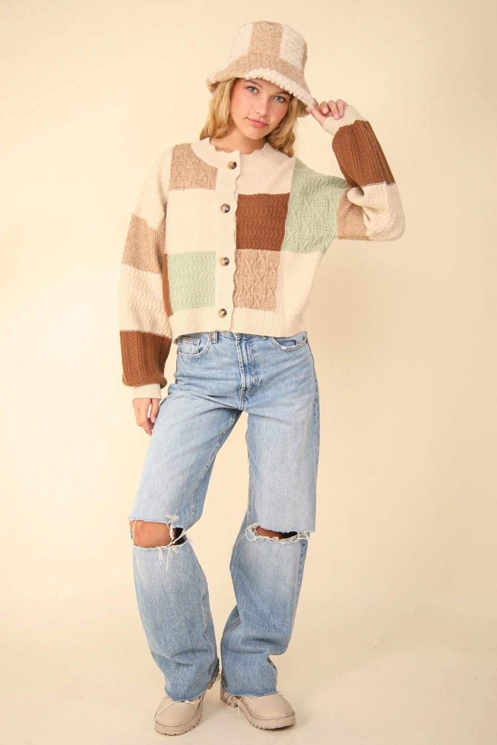 VERY J Color Block Button Down Textured Sweater Cardigan - Image 5