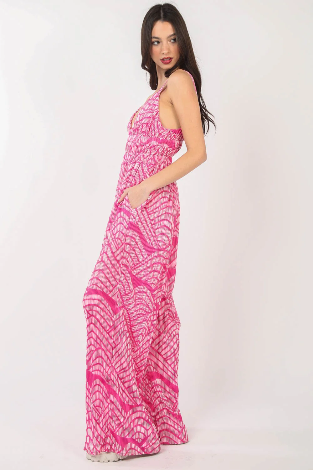VERY J Printed Pleated Sleeveless Wide Leg Jumpsuit - Image 3