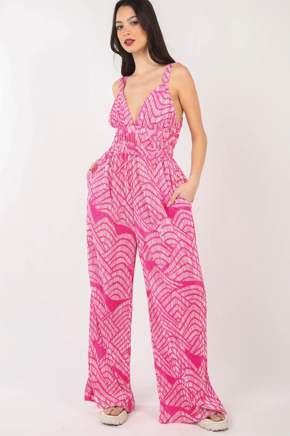 VERY J Printed Pleated Sleeveless Wide Leg Jumpsuit - Image 5