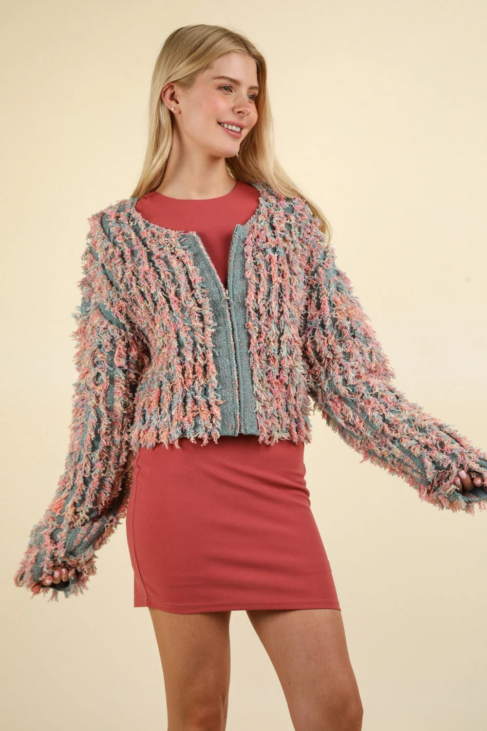 VERY J Shaggy Yarn Knit Zip Up Jacket - Image 4