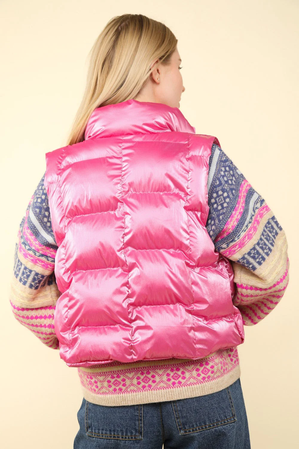 VERY J Shiny Metallic Zip Up Puffer Vest - Image 2