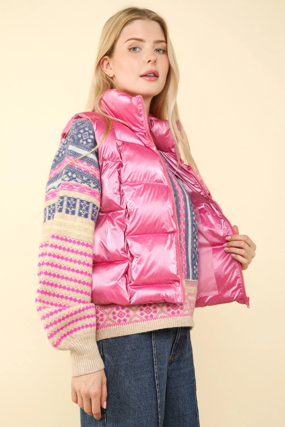 VERY J Shiny Metallic Zip Up Puffer Vest - Image 3