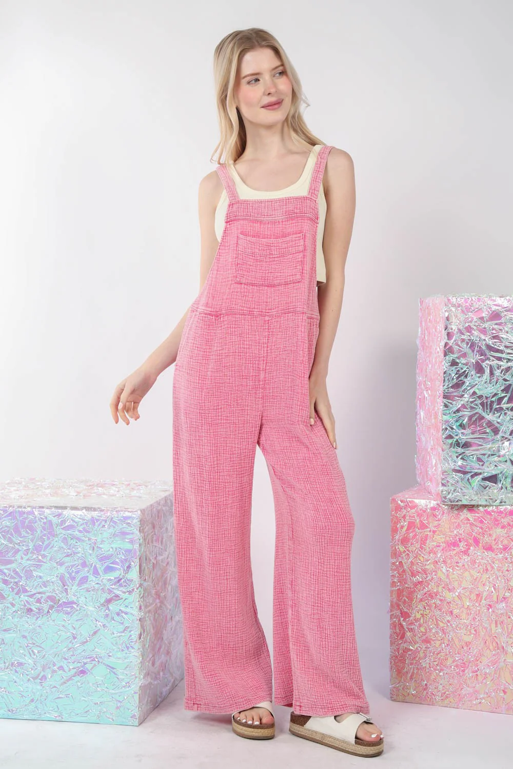 VERY J Texture Washed Wide Leg Overalls - Image 4