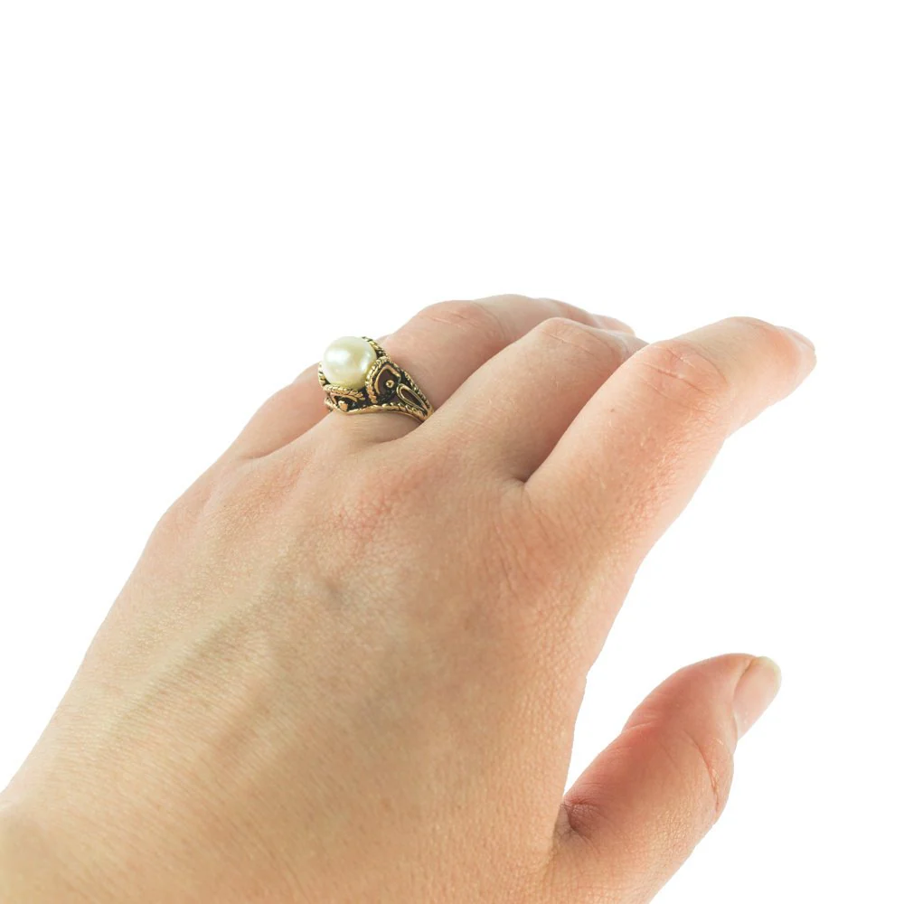 Vintage 1970's Pearl Bead Ring Antiqued 18k Gold Electroplated Made in USA by PVD Vintage Jewelry - Image 3