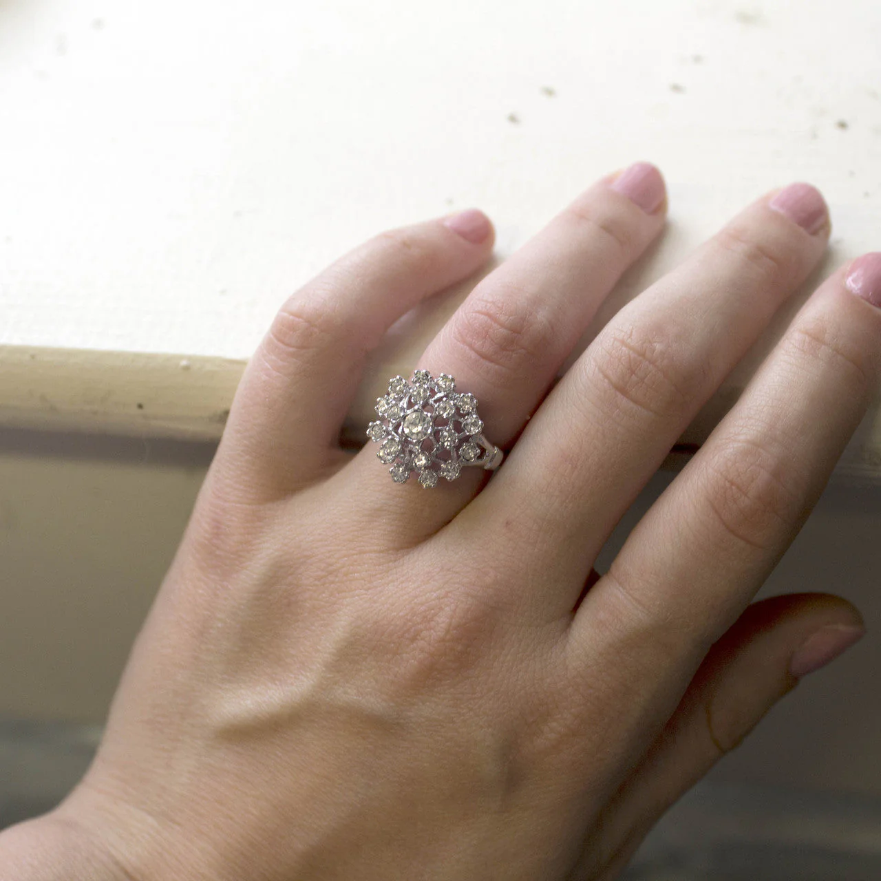 Vintage Clear Austrian Crystal Burst Ring 18k White Gold Electroplated Made in USA by PVD Vintage Jewelry - Image 2