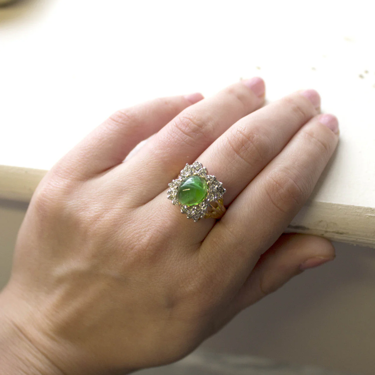 Vintage Emerald Green Crystal Cabochon Stone & Clear Crystal Ring in 18kt Yellow Gold Electroplate by PVD Vintage Jewelry - Image 2