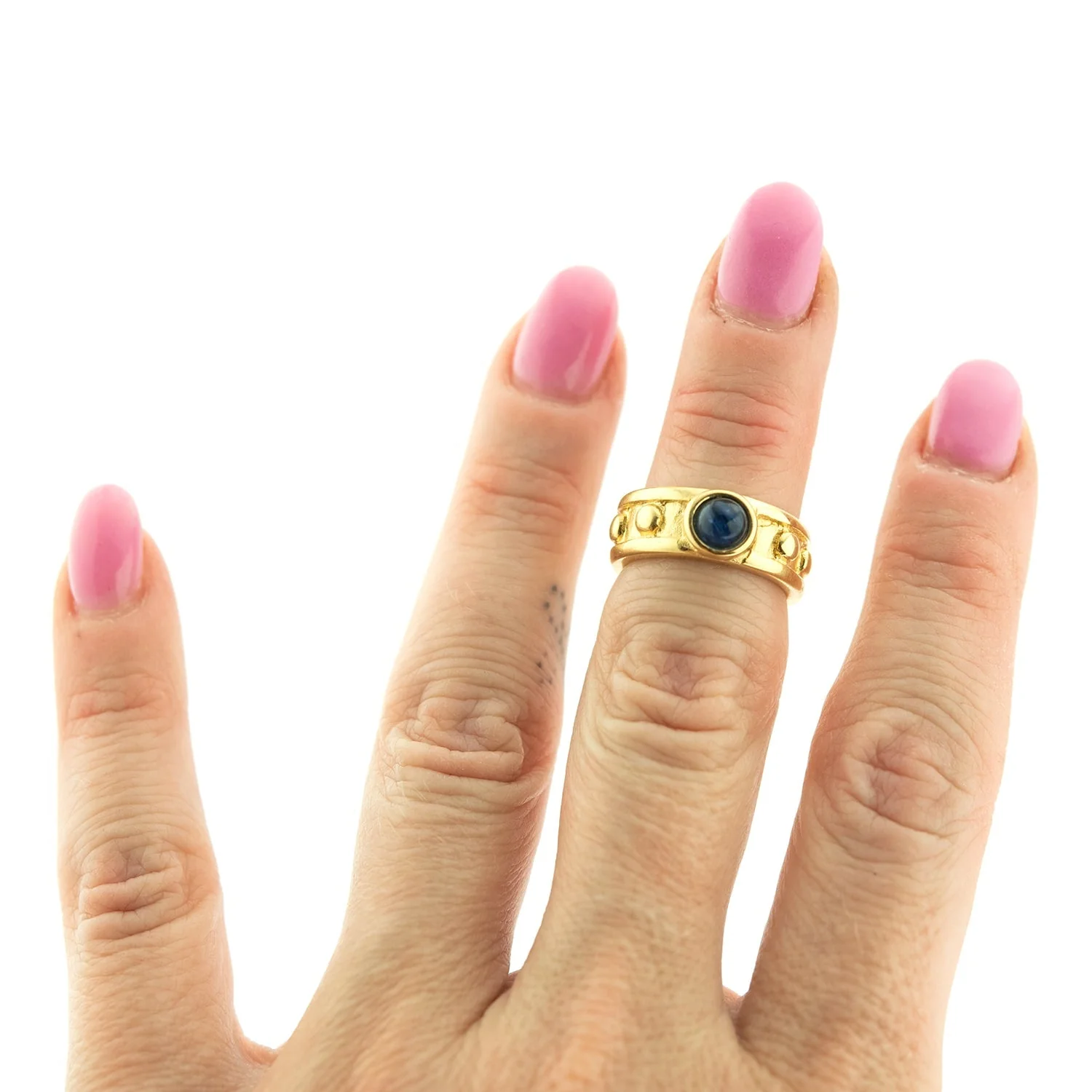 Vintage Ring 1970s Sapphire Cabocon Glass Ring 18k Brushed Gold September Birthstone #R3095 by PVD Vintage Jewelry - Image 2