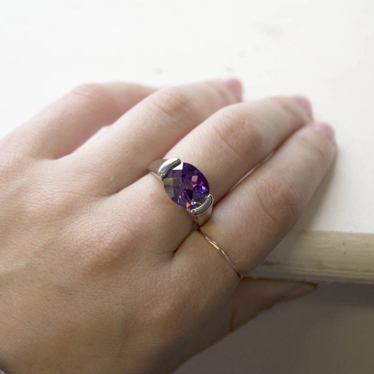 Vintage Ring Amethyst Swarovski Crystal Ring 18k White Gold Silver  R4668 by PVD Vintage Jewelry - Image 2