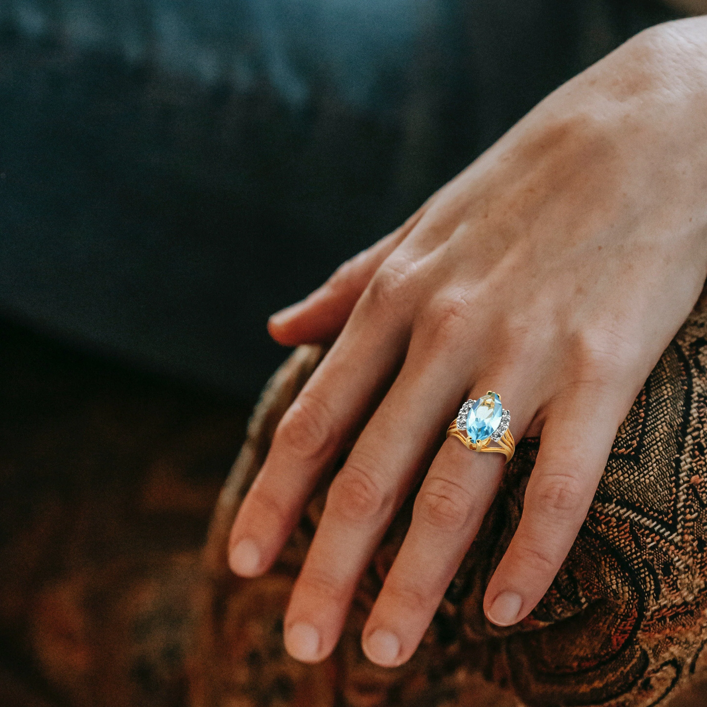 Vintage Ring Aquamarine Marquise Crystal 18k Gold Antique Womans Jewelry Handmade Rings by PVD Vintage Jewelry - Image 3