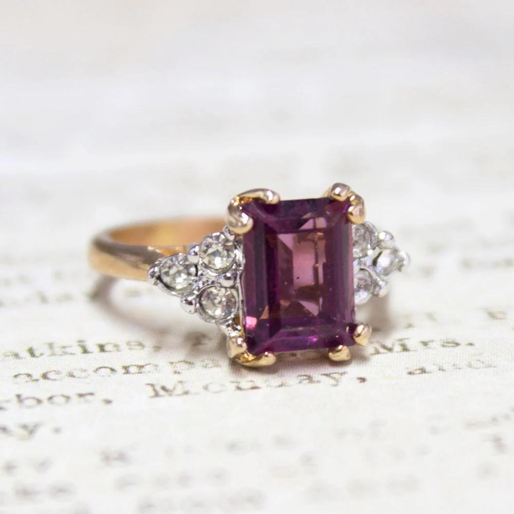 Vintage Ring Clear Austrian Crystals 18k Yellow Gold Electroplated Womens Birthstone Made in USA by PVD Vintage Jewelry - Image 15