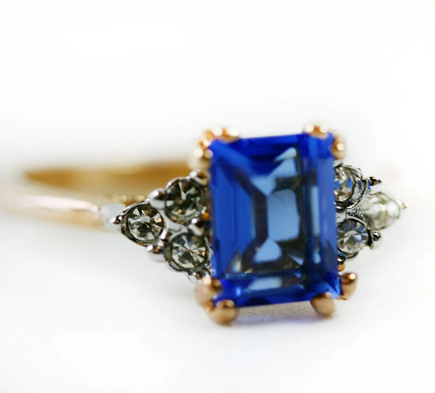 Vintage Ring Clear Austrian Crystals 18k Yellow Gold Electroplated Womens Birthstone Made in USA by PVD Vintage Jewelry - Image 3