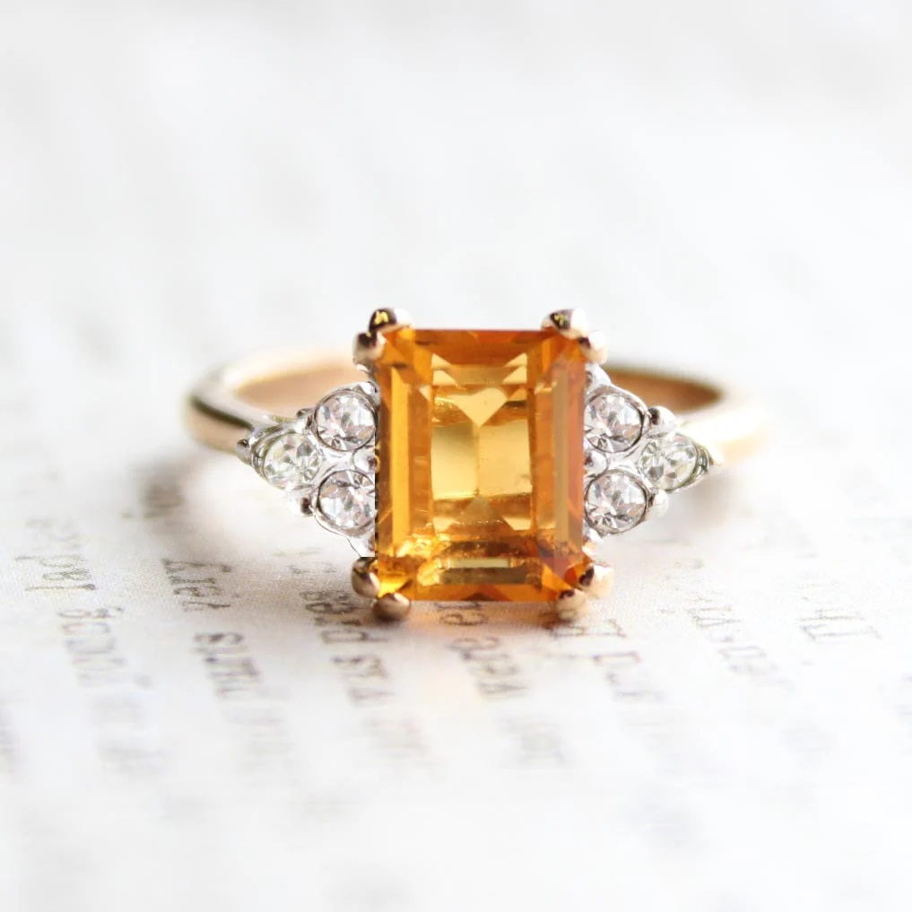 Vintage Ring Clear Austrian Crystals 18k Yellow Gold Electroplated Womens Birthstone Made in USA by PVD Vintage Jewelry - Image 40