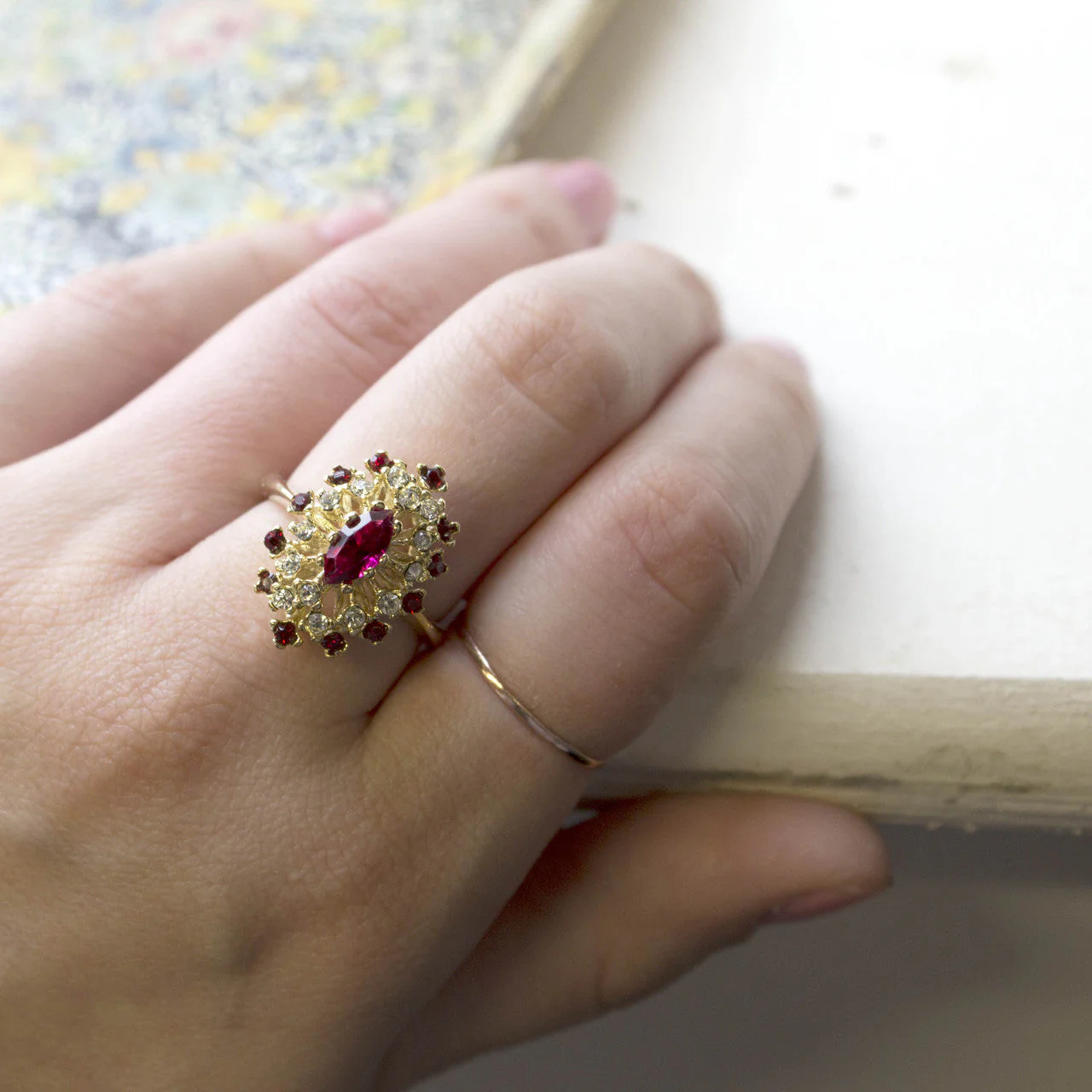 Vintage Ring Genuine Opal with Clear and Ruby Austrian Crystals 18kt Yellow Gold Electroplated by PVD Vintage Jewelry - Image 10