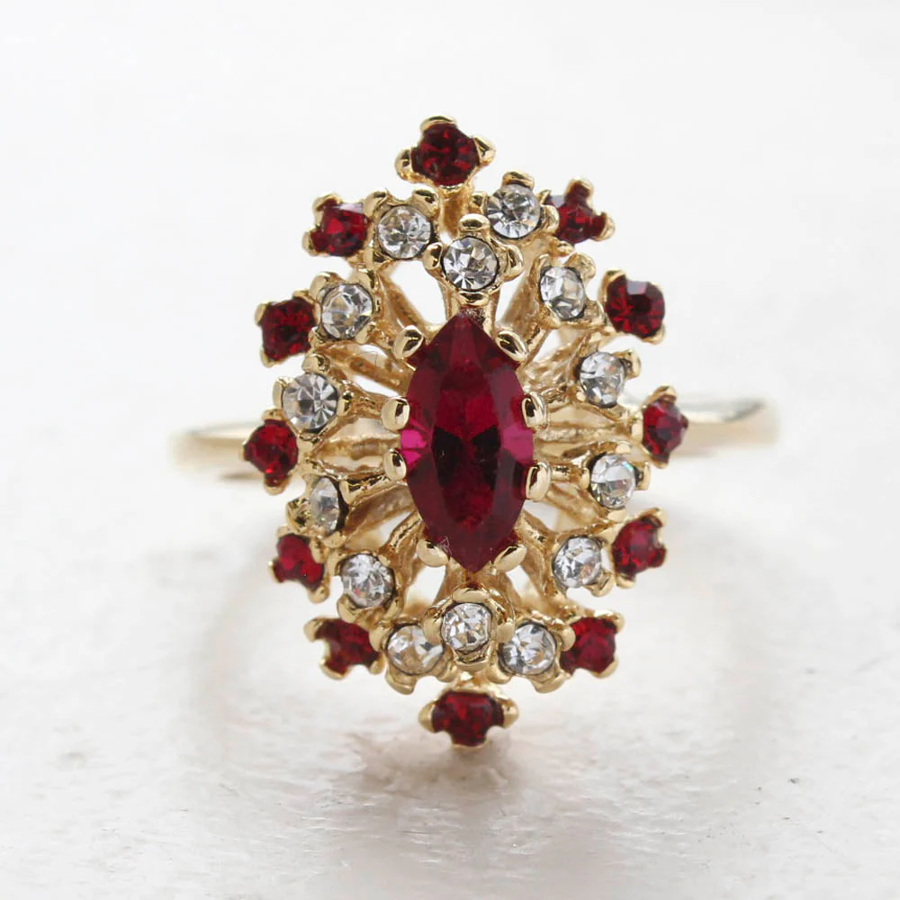 Vintage Ring Genuine Opal with Clear and Ruby Austrian Crystals 18kt Yellow Gold Electroplated by PVD Vintage Jewelry - Image 11