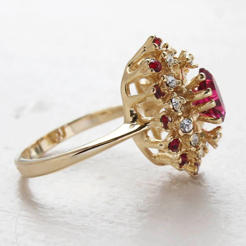 Vintage Ring Genuine Opal with Clear and Ruby Austrian Crystals 18kt Yellow Gold Electroplated by PVD Vintage Jewelry - Image 12