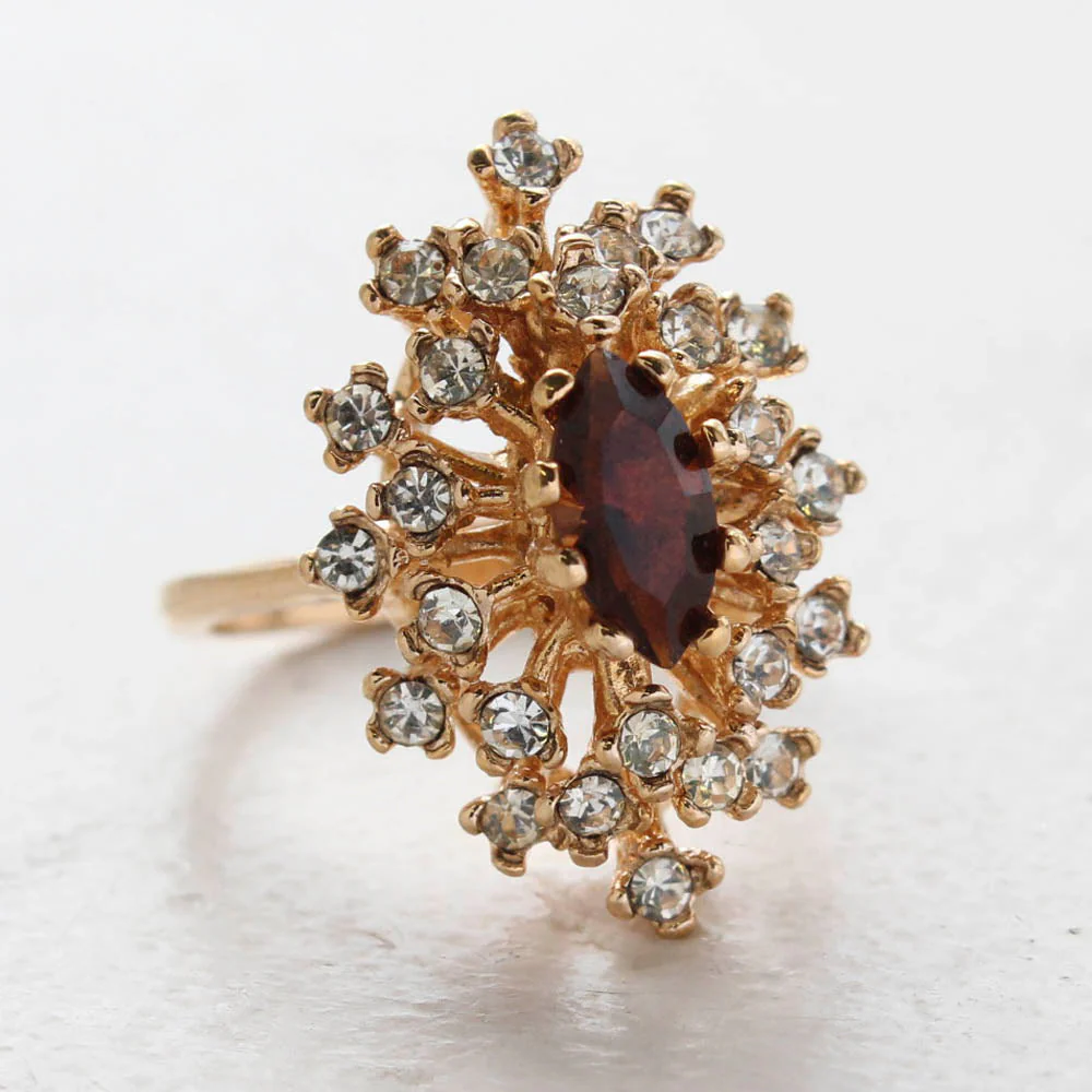 Vintage Ring Genuine Opal with Clear and Ruby Austrian Crystals 18kt Yellow Gold Electroplated by PVD Vintage Jewelry - Image 13