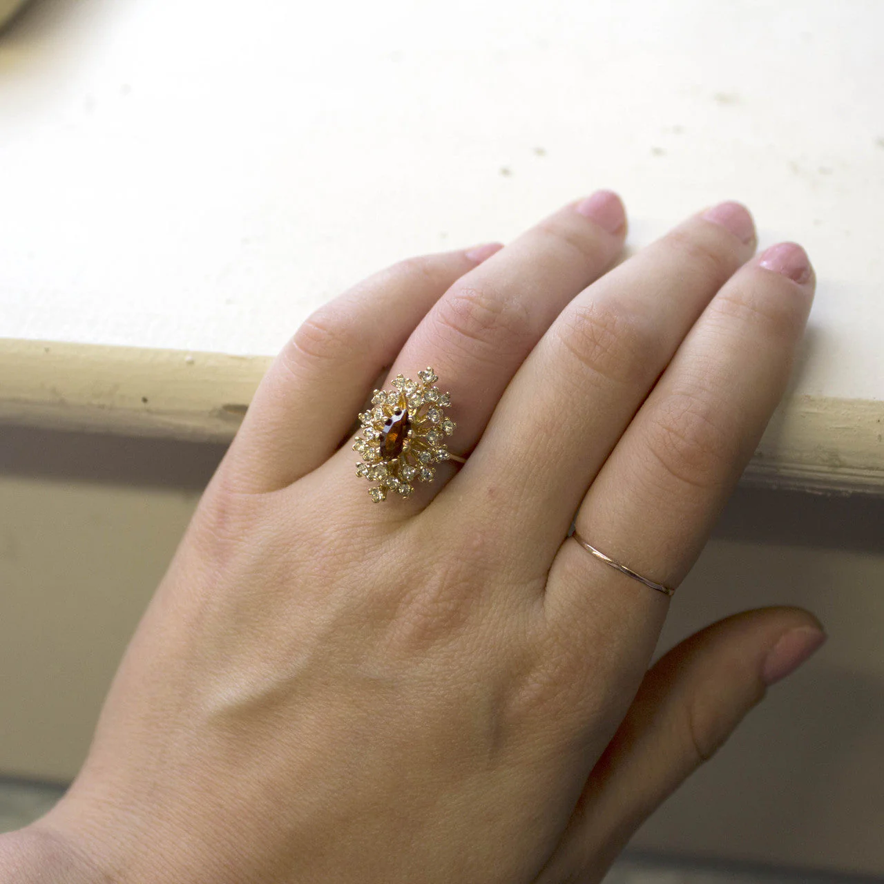 Vintage Ring Genuine Opal with Clear and Ruby Austrian Crystals 18kt Yellow Gold Electroplated by PVD Vintage Jewelry - Image 16