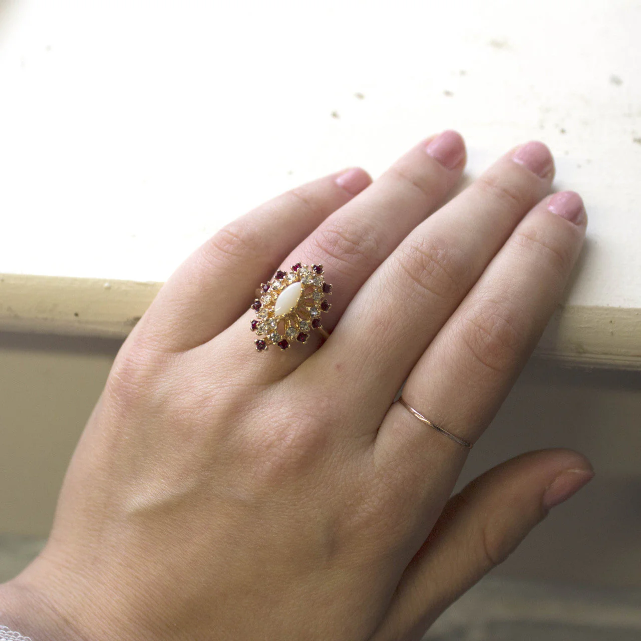 Vintage Ring Genuine Opal with Clear and Ruby Austrian Crystals 18kt Yellow Gold Electroplated by PVD Vintage Jewelry - Image 2