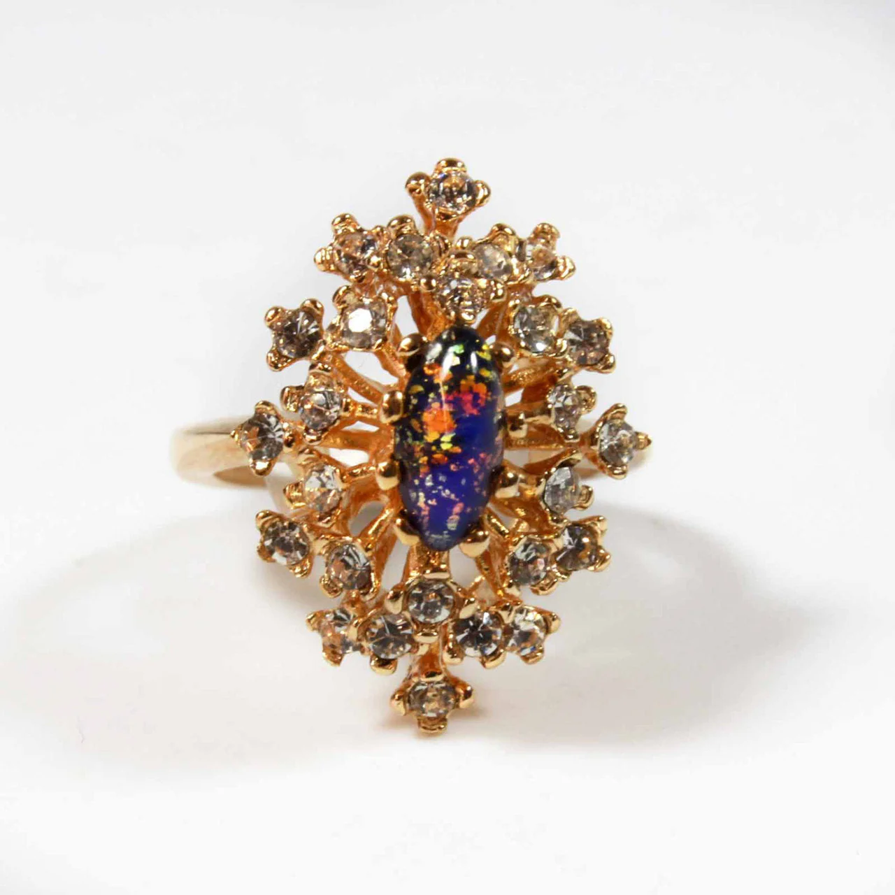Vintage Ring Genuine Opal with Clear and Ruby Austrian Crystals 18kt Yellow Gold Electroplated by PVD Vintage Jewelry - Image 29