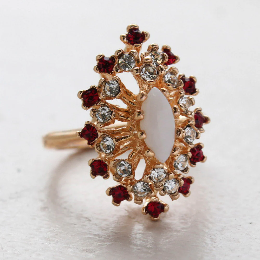 Vintage Ring Genuine Opal with Clear and Ruby Austrian Crystals 18kt Yellow Gold Electroplated by PVD Vintage Jewelry - Image 3