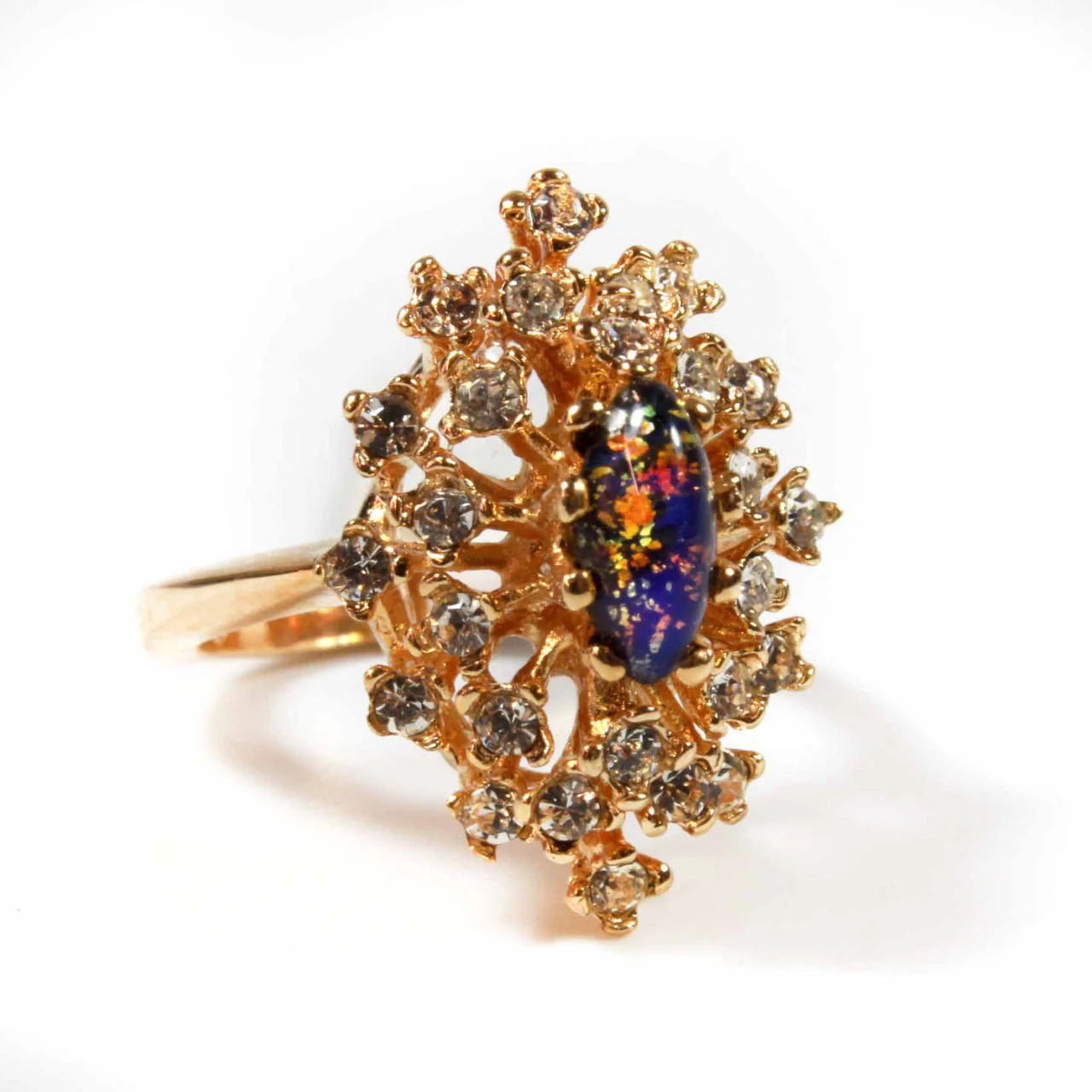 Vintage Ring Genuine Opal with Clear and Ruby Austrian Crystals 18kt Yellow Gold Electroplated by PVD Vintage Jewelry - Image 30