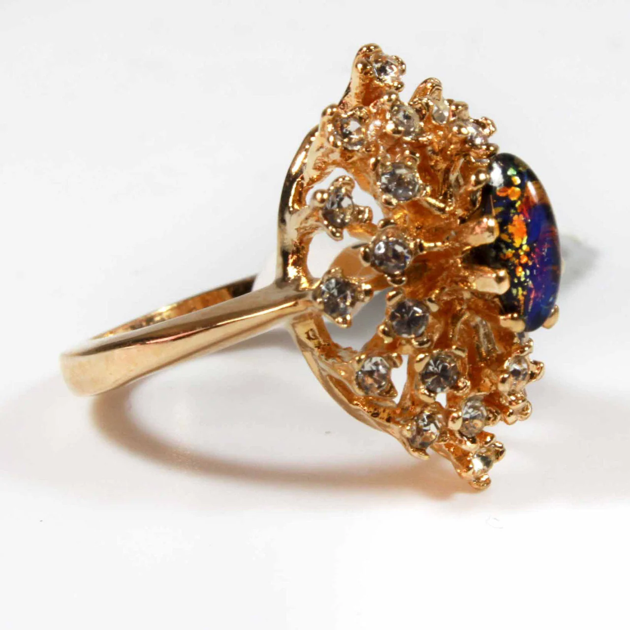 Vintage Ring Genuine Opal with Clear and Ruby Austrian Crystals 18kt Yellow Gold Electroplated by PVD Vintage Jewelry - Image 31