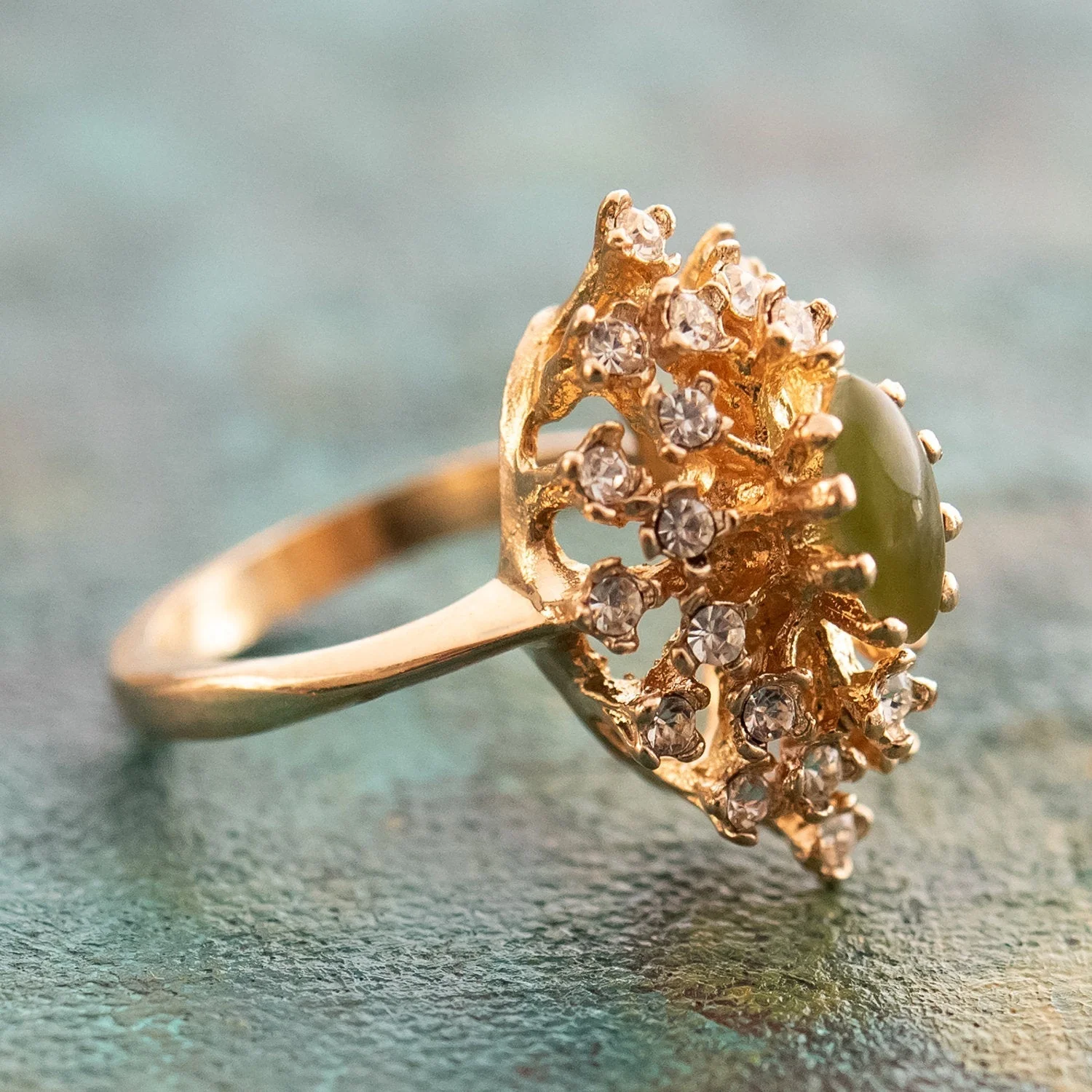 Vintage Ring Genuine Opal with Clear and Ruby Austrian Crystals 18kt Yellow Gold Electroplated by PVD Vintage Jewelry - Image 35