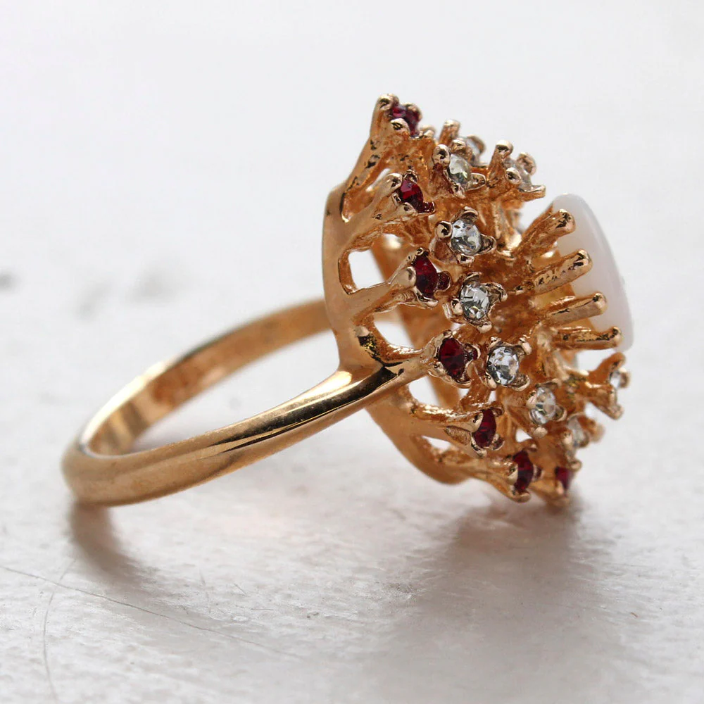 Vintage Ring Genuine Opal with Clear and Ruby Austrian Crystals 18kt Yellow Gold Electroplated by PVD Vintage Jewelry - Image 4