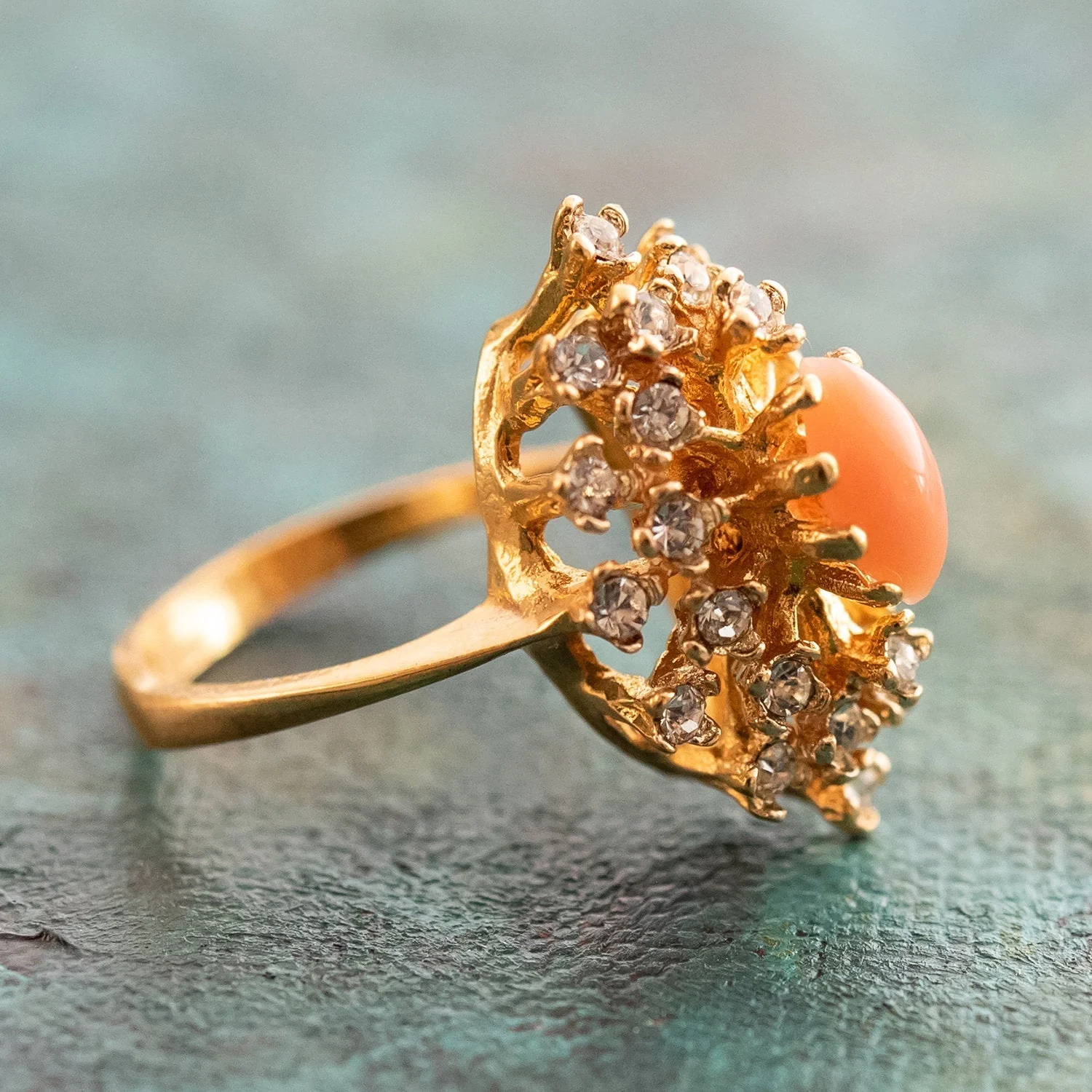 Vintage Ring Genuine Opal with Clear and Ruby Austrian Crystals 18kt Yellow Gold Electroplated by PVD Vintage Jewelry - Image 41