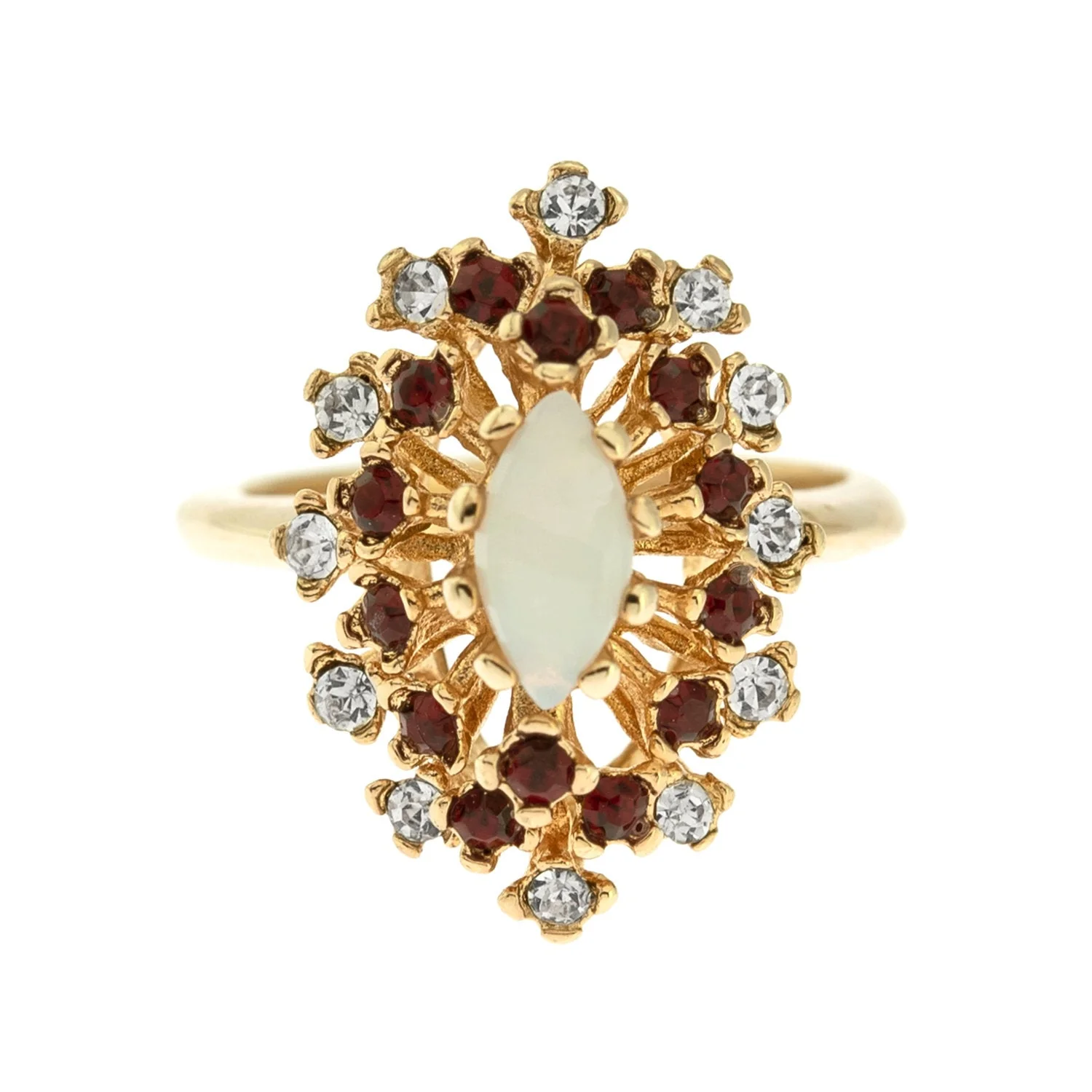Vintage Ring Genuine Opal with Clear and Ruby Austrian Crystals 18kt Yellow Gold Electroplated by PVD Vintage Jewelry - Image 45