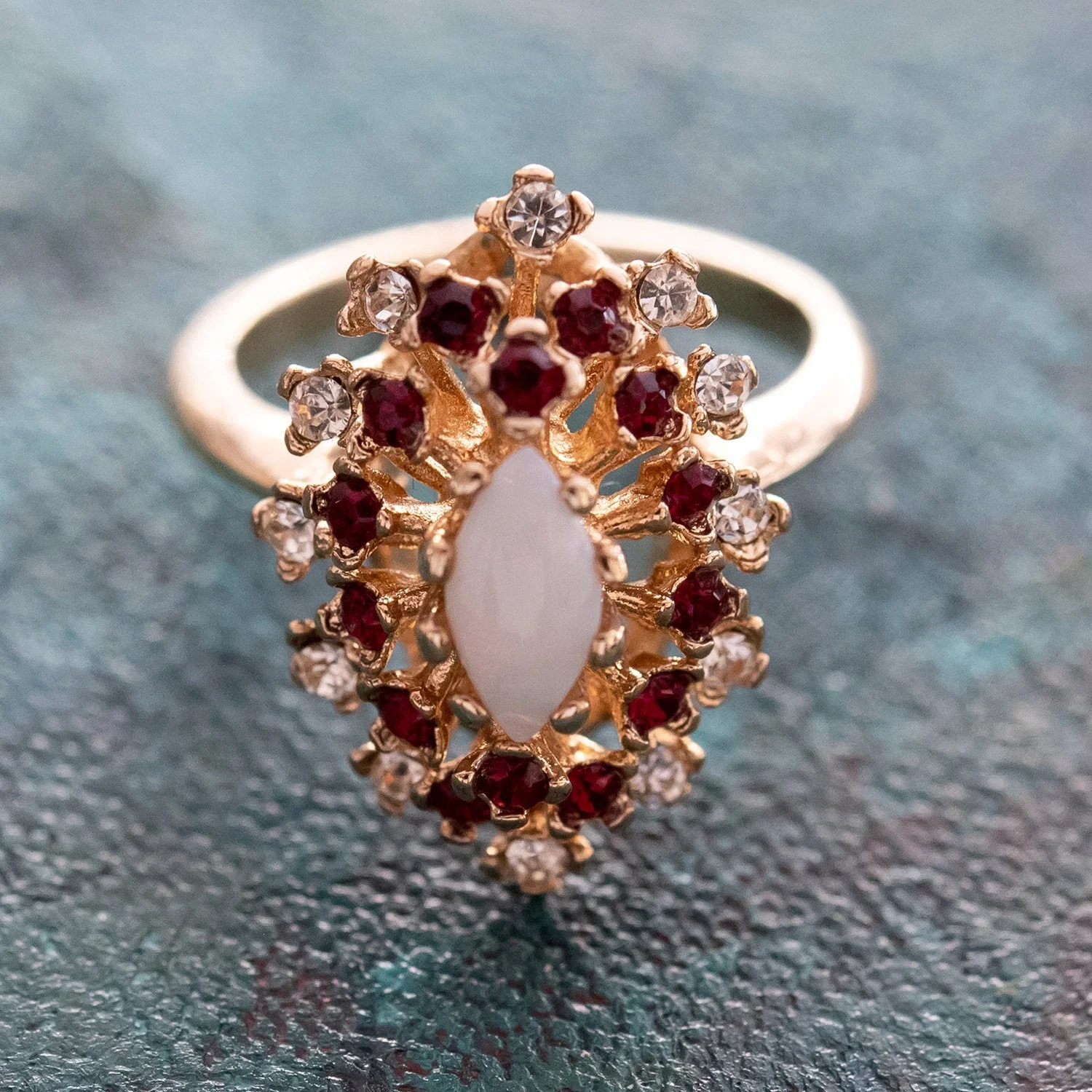Vintage Ring Genuine Opal with Clear and Ruby Austrian Crystals 18kt Yellow Gold Electroplated by PVD Vintage Jewelry - Image 46
