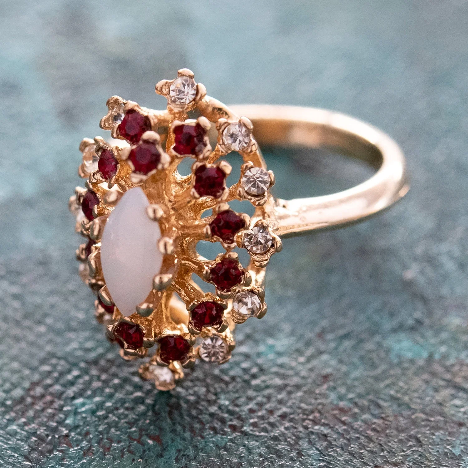 Vintage Ring Genuine Opal with Clear and Ruby Austrian Crystals 18kt Yellow Gold Electroplated by PVD Vintage Jewelry - Image 47