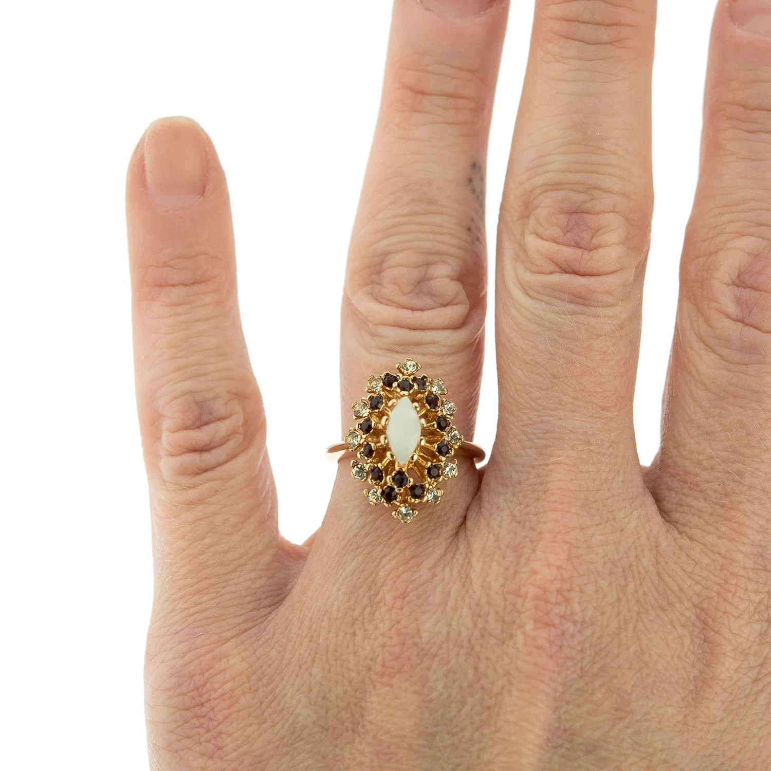 Vintage Ring Genuine Opal with Clear and Ruby Austrian Crystals 18kt Yellow Gold Electroplated by PVD Vintage Jewelry - Image 48