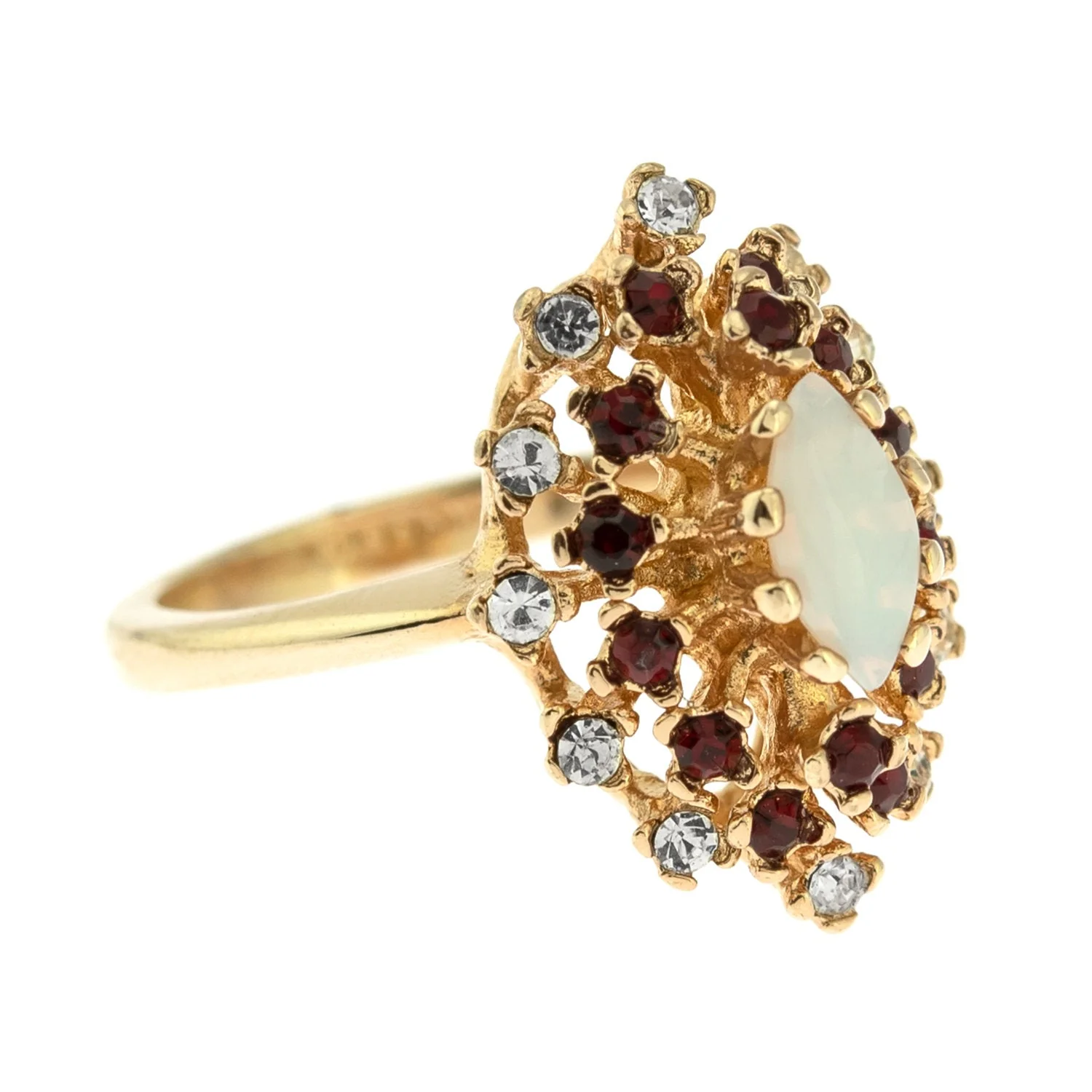 Vintage Ring Genuine Opal with Clear and Ruby Austrian Crystals 18kt Yellow Gold Electroplated by PVD Vintage Jewelry - Image 49