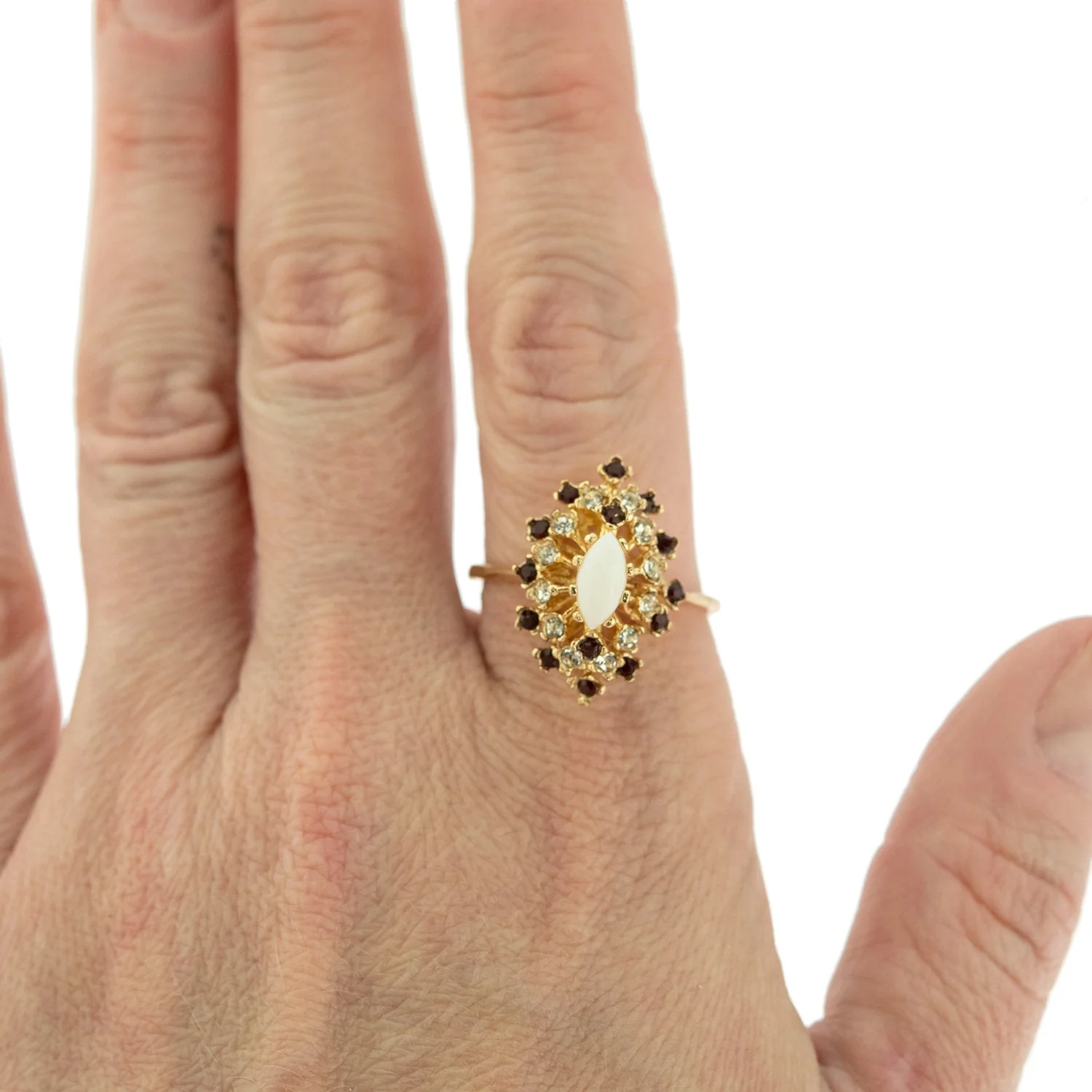 Vintage Ring Genuine Opal with Clear and Ruby Austrian Crystals 18kt Yellow Gold Electroplated by PVD Vintage Jewelry - Image 53