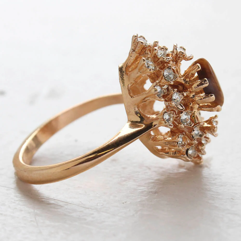 Vintage Ring Genuine Opal with Clear and Ruby Austrian Crystals 18kt Yellow Gold Electroplated by PVD Vintage Jewelry - Image 8
