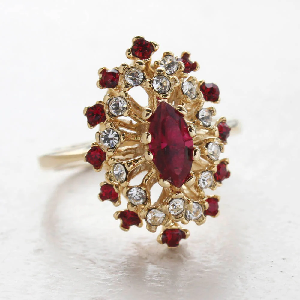 Vintage Ring Genuine Opal with Clear and Ruby Austrian Crystals 18kt Yellow Gold Electroplated by PVD Vintage Jewelry - Image 9