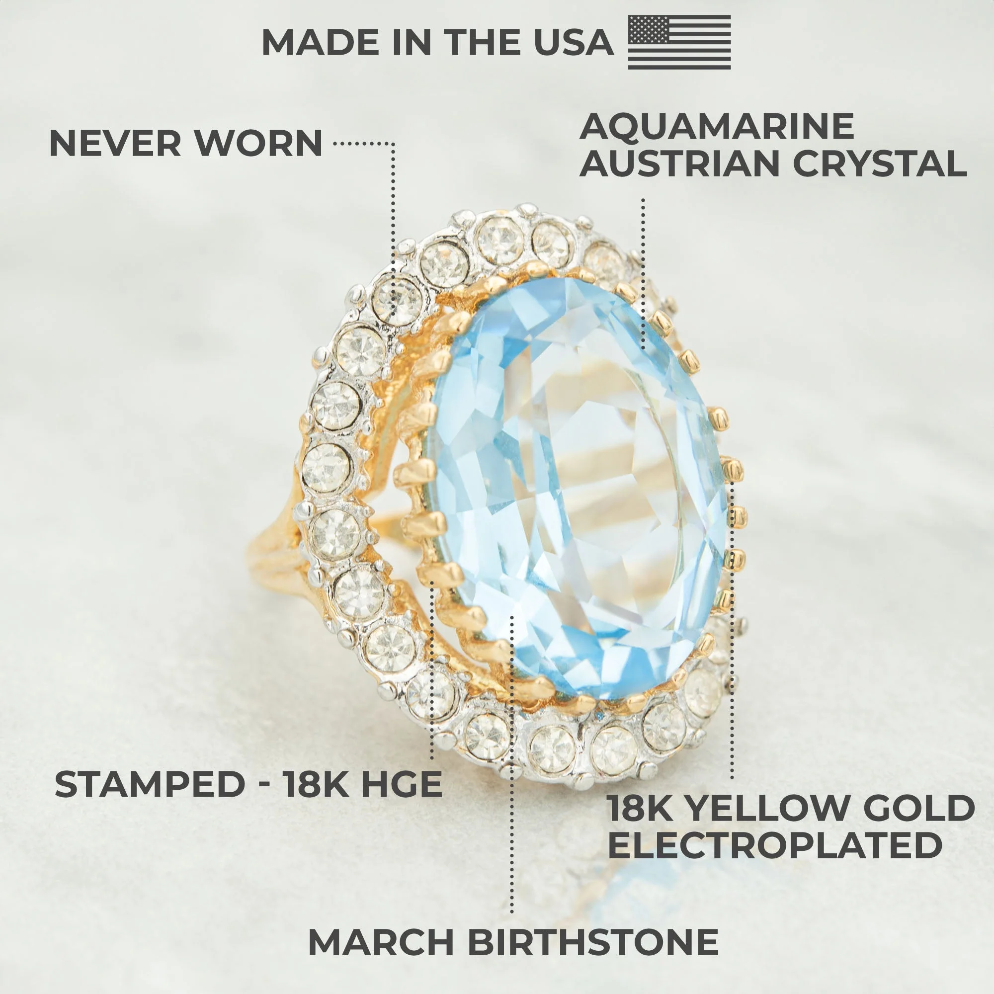 Vintage Women's Statement Crystal Cocktail Ring 18k Gold Electroplated by PVD Vintage Jewelry - Image 7