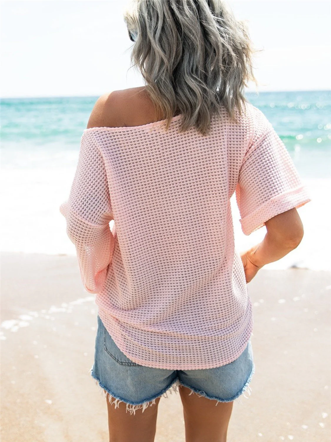 Waffle Knit Boat Neck Half Sleeve T-Shirt - Image 3