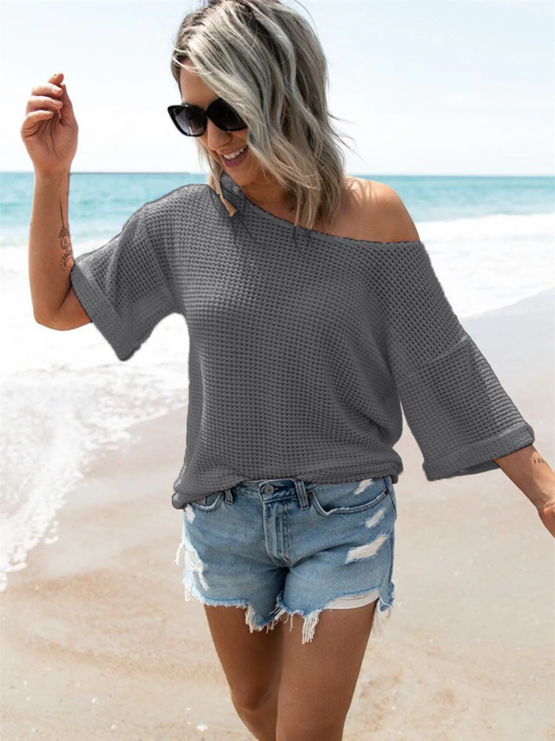 Waffle Knit Boat Neck Half Sleeve T-Shirt - Image 4