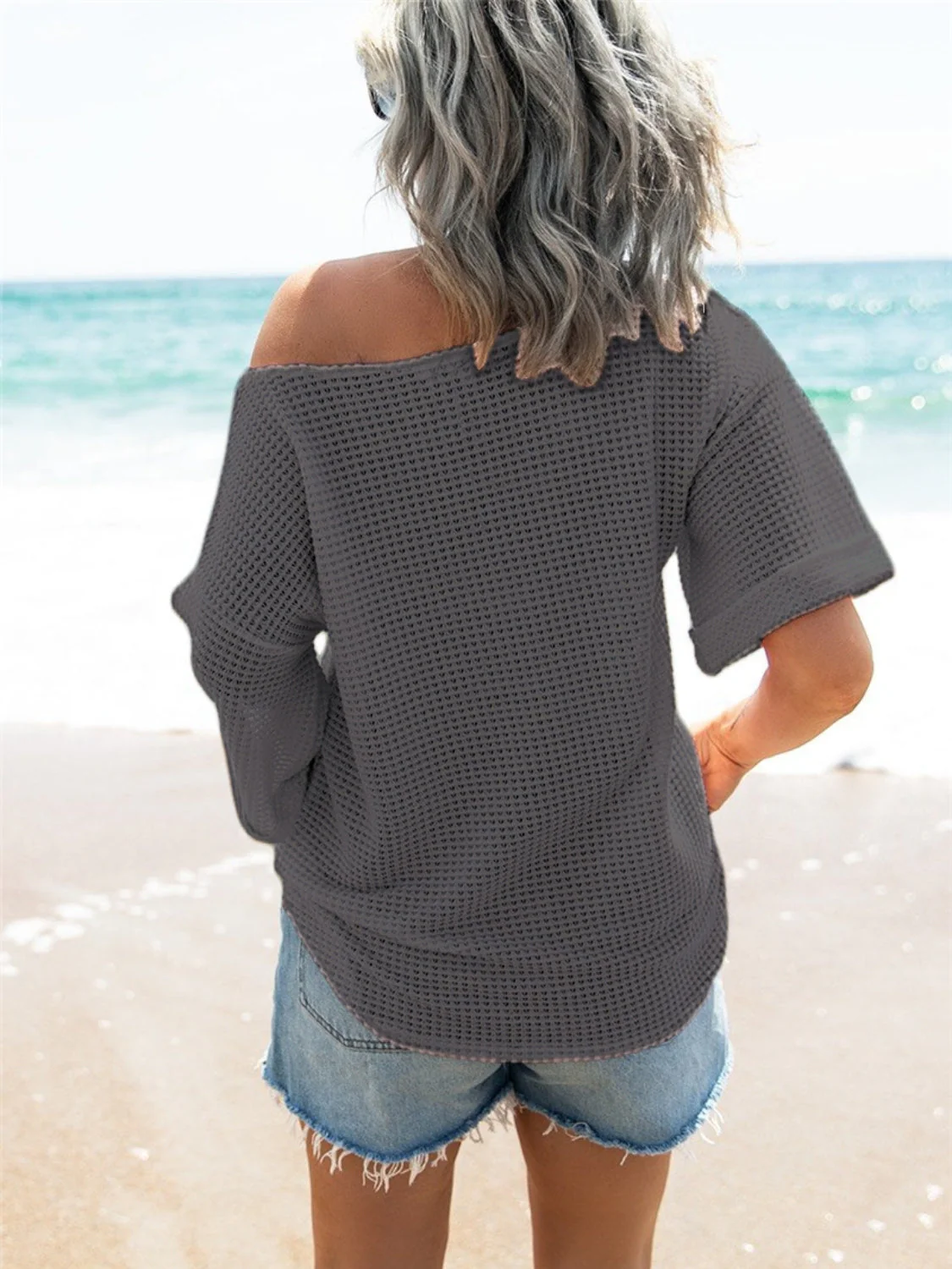 Waffle Knit Boat Neck Half Sleeve T-Shirt - Image 6